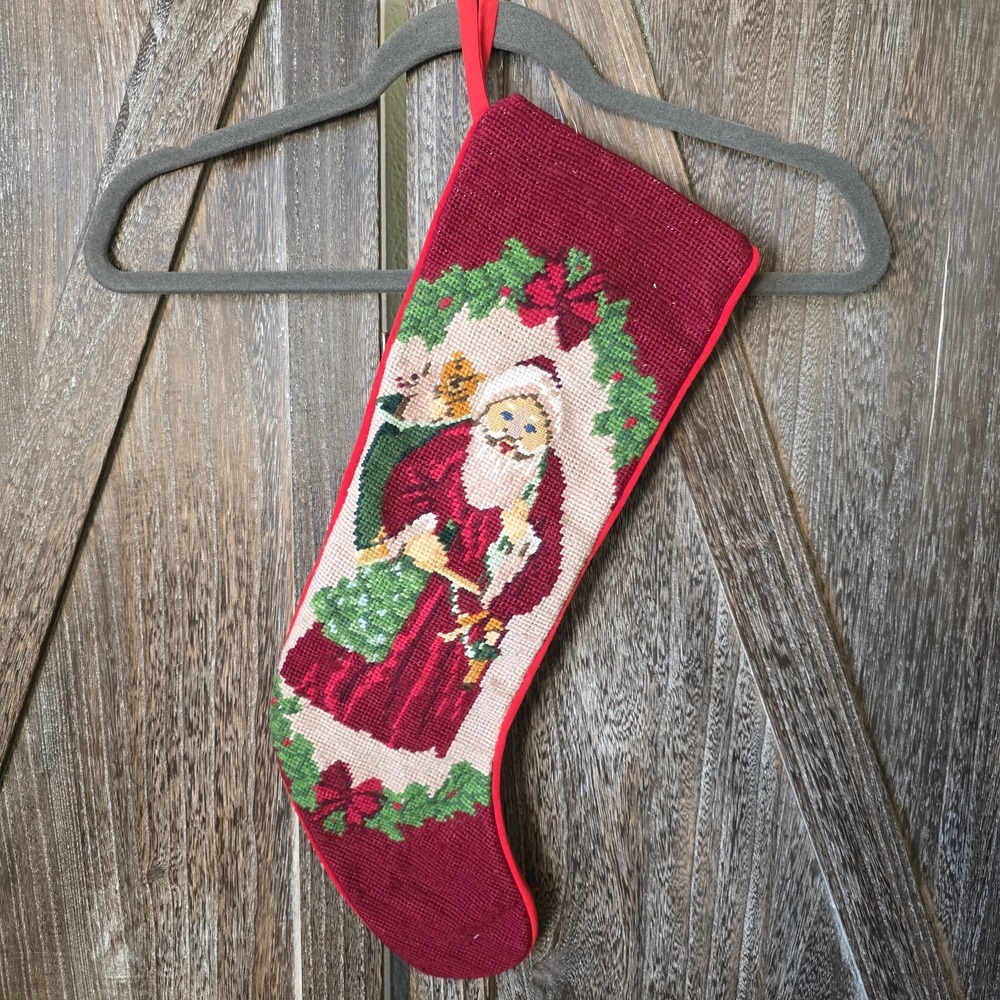 Santa Claus Christmas Stocking Needlepoint Hand Crafted Handmade‎ Vintage 19.5"